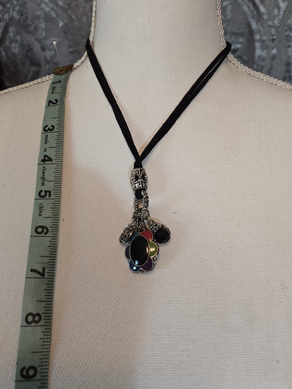 Black Leather Necklace with Multicolor Pendant